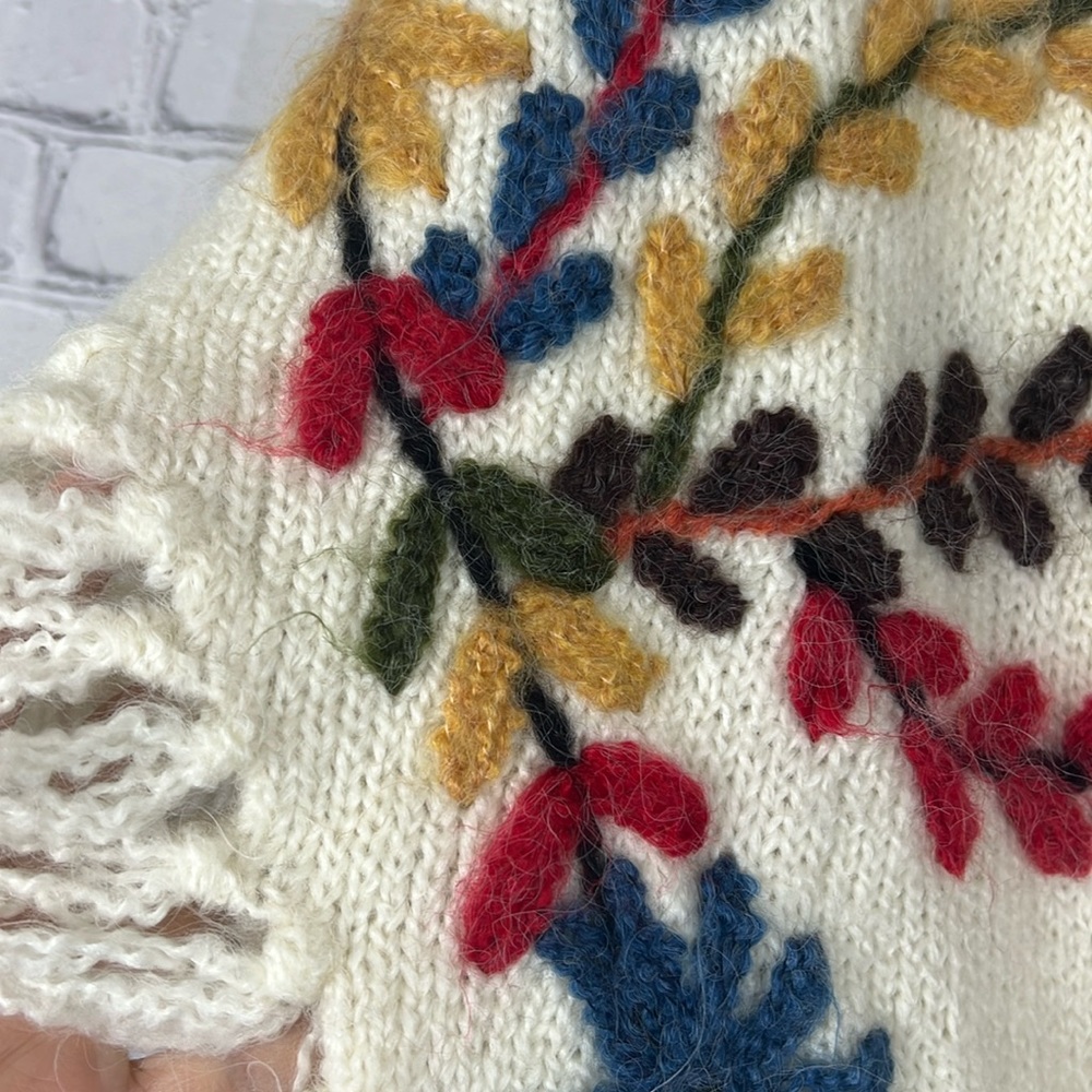 Hand Crafted Floral Embroidered Scarf - Cream, Red, Blue, Yellow - Picture 3 of 6